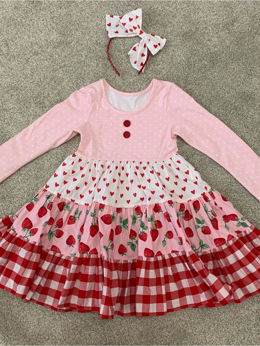 Tabitha Twinkle 5-6 Strawberry Heart Tiered Dress with Bow Headband